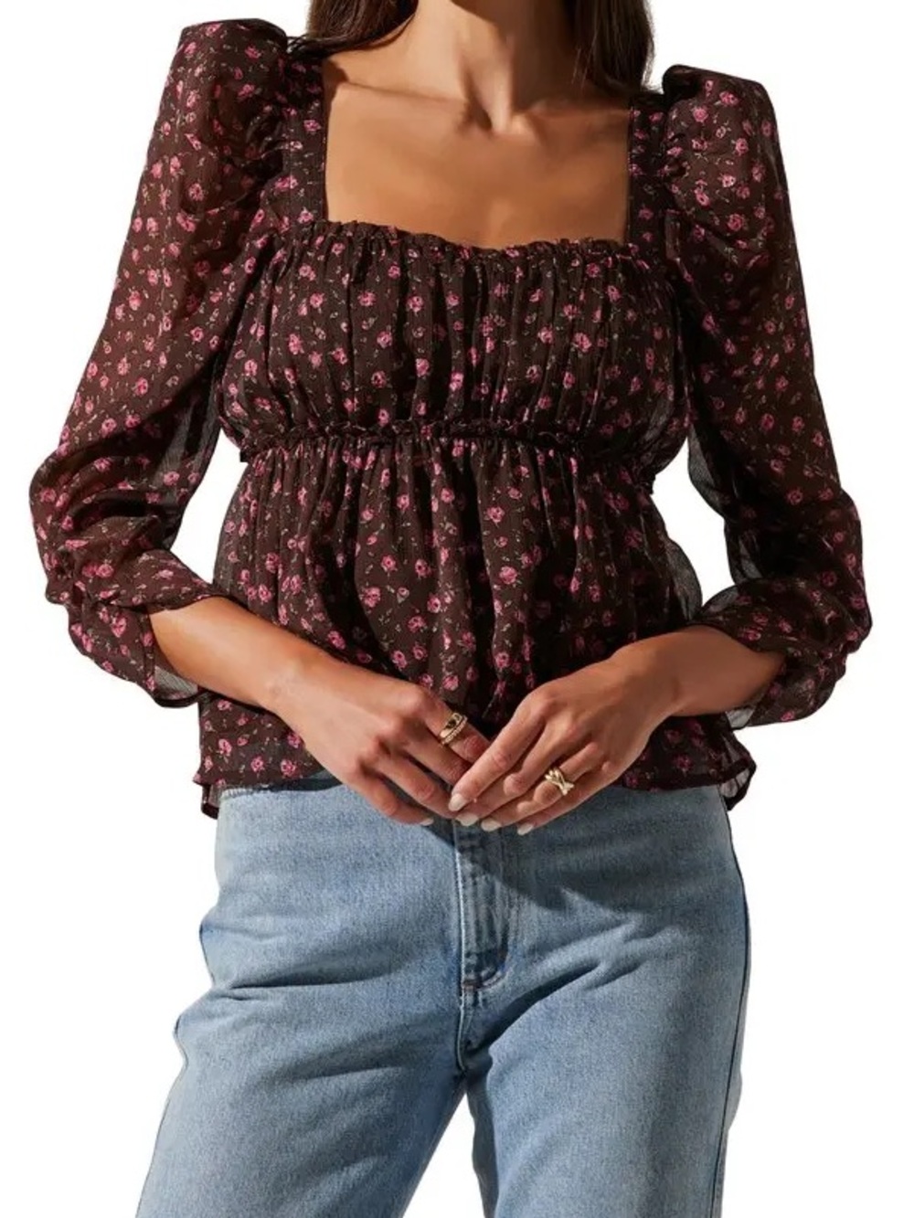 Astr The Label Floral Print Smocked Babydoll Blouse Puff Sleeve Peplum Top